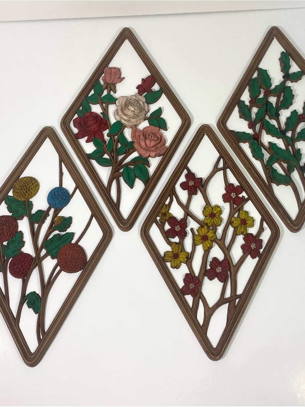 Vintage 70’s Syroco Four Seasons Floral Diamond Wall Hangings Flowers